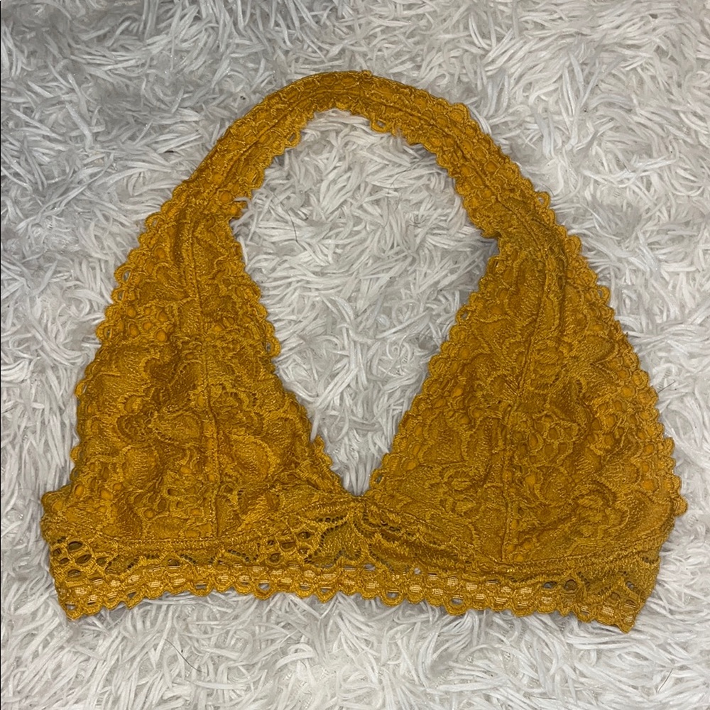 Yellow Lace Halter Bra with Scalloped Edges